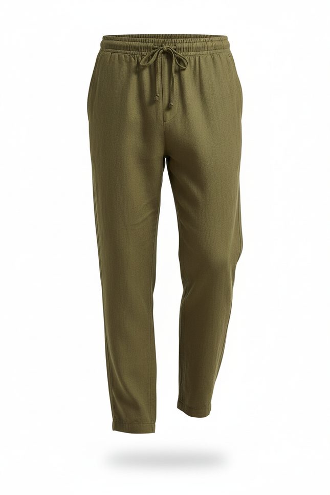 Pantalon En Lin Vert Olive Ample Décontracté Cordon - Kaki - vue 3