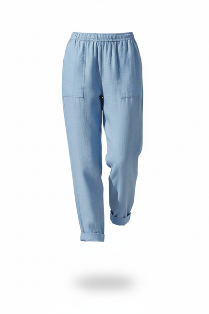 Pantalon En Lin Bleu Décontracté Ample Poches Femme - vue 3