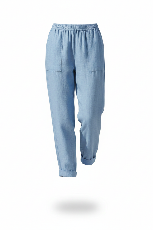 Pantalon En Lin Bleu Décontracté Ample Poches Femme - vue 3