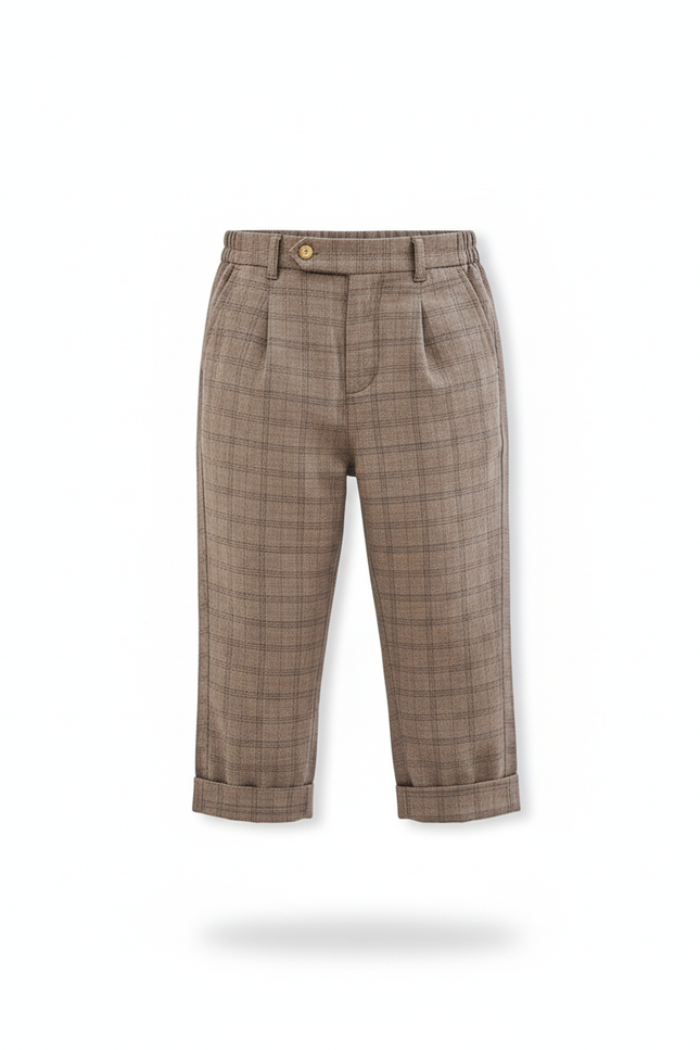 Pantalon En Lin Carreaux Marron Plissé Garçon Élégant - vue 3