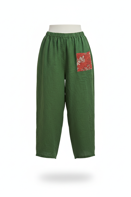 Pantalon En Lin Vert Ample Motif Floral Décontracté - vue 3