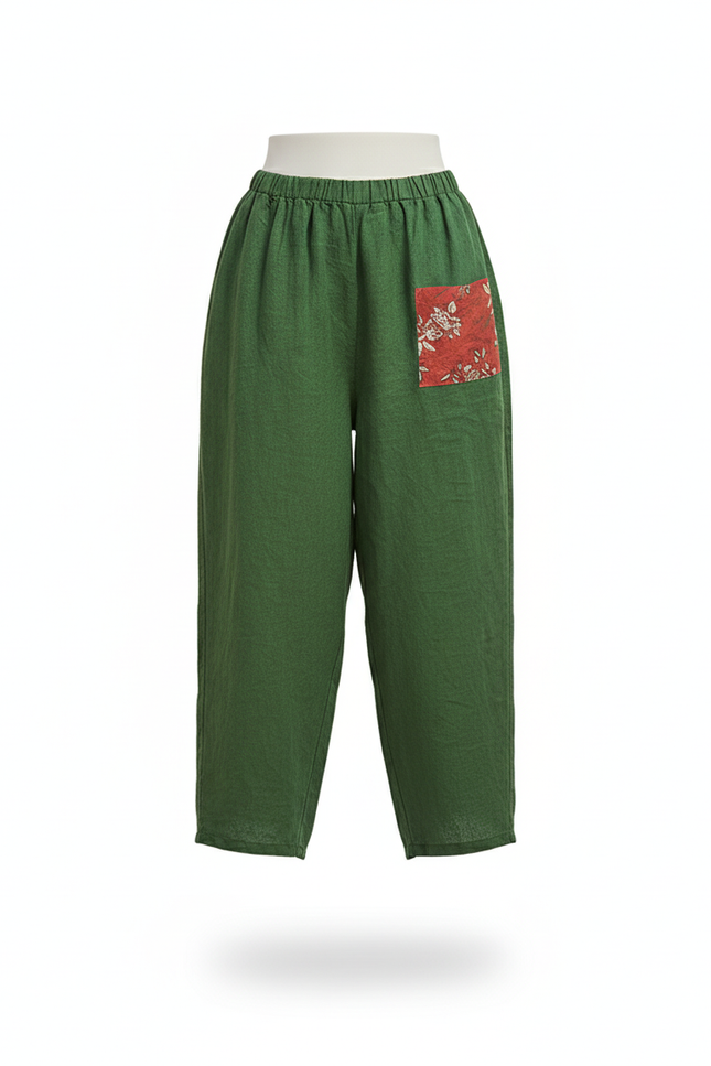 Pantalon En Lin Vert Ample Motif Floral Décontracté - vue 3