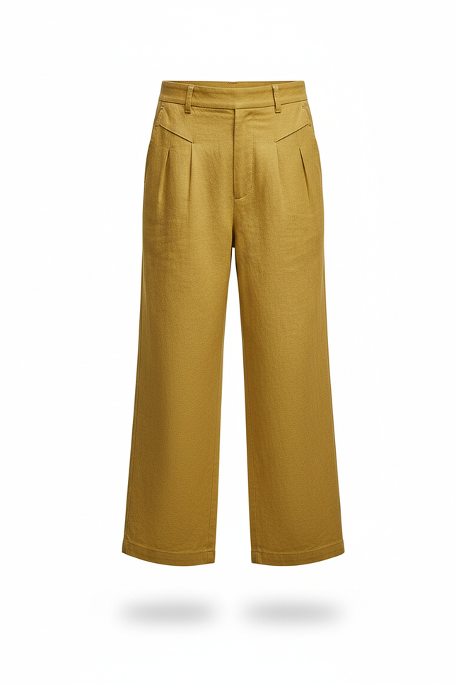 Pantalon En Lin Garçon Ample Décontracté Jaune Moutarde - vue 3
