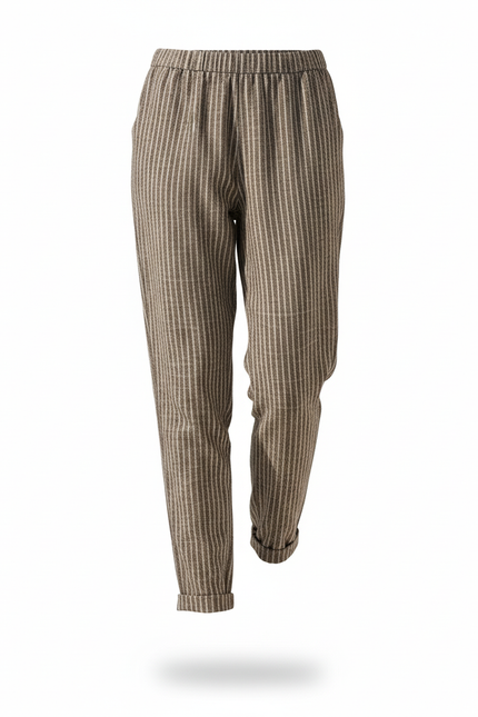 Pantalon En Lin Rayé Ample Décontracté Confortable - Marron - vue 3
