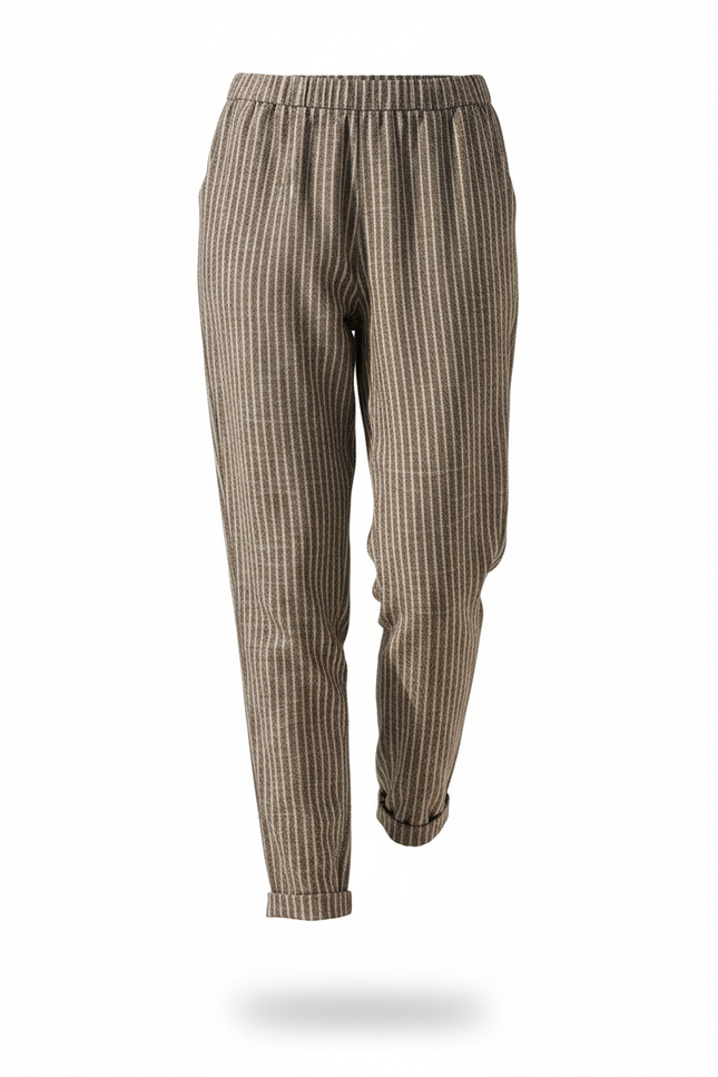 Pantalon En Lin Rayé Ample Décontracté Confortable - Marron - vue 3