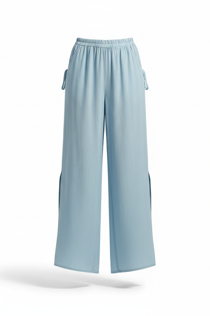 Pantalon En Lin Bleu Ciel Ample Fluide Fendu - vue 3