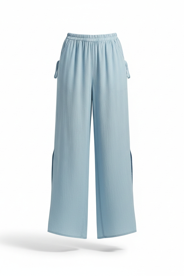 Pantalon En Lin Bleu Ciel Ample Fluide Fendu - vue 3