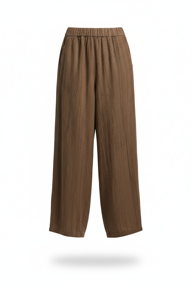 Pantalon En Lin Marron, Ample, Texturé, Taille Élastique, Décontracté. - vue 3
