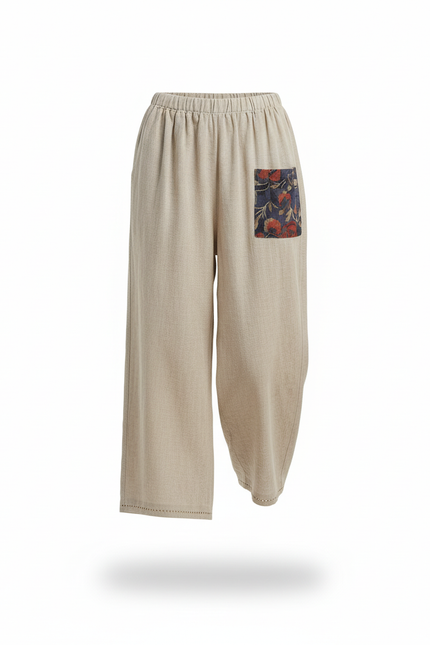 Pantalon En Lin Beige Ample Décontracté Patchwork Bohème - vue 3