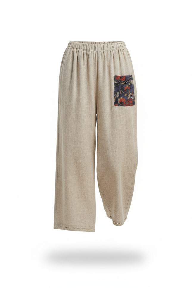 Pantalon En Lin Beige Ample Décontracté Patchwork Bohème - vue 3