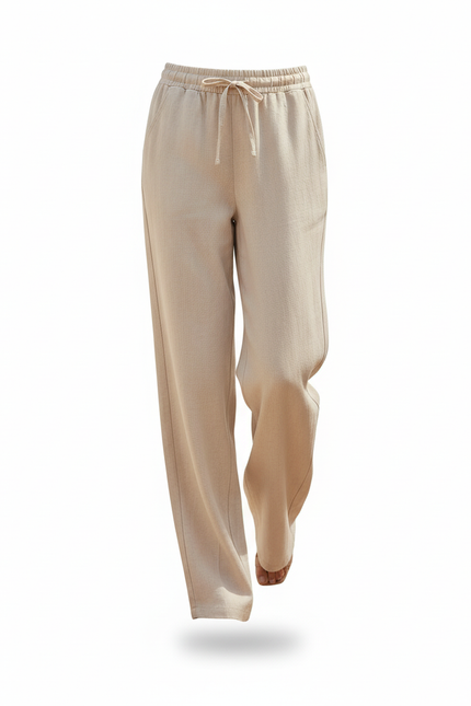 Pantalon En Lin Beige Ample Décontracté Taille Élastique Femme - vue 3