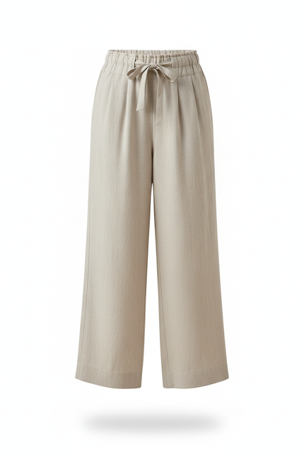 Pantalon En Lin Beige Ample Fluide Taille Haute - vue 3
