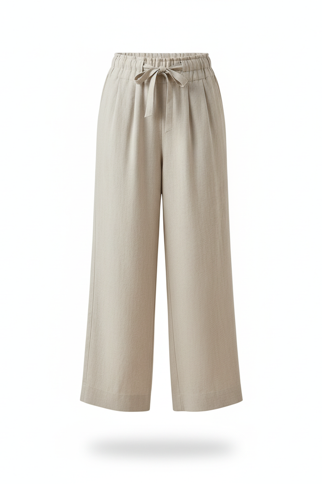 Pantalon En Lin Beige Ample Fluide Taille Haute - vue 3