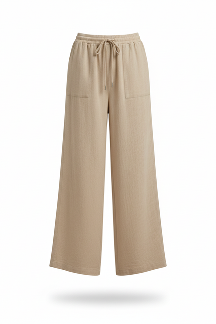 Pantalon En Lin Beige Ample Taille Haute Décontracté Fluide - vue 3