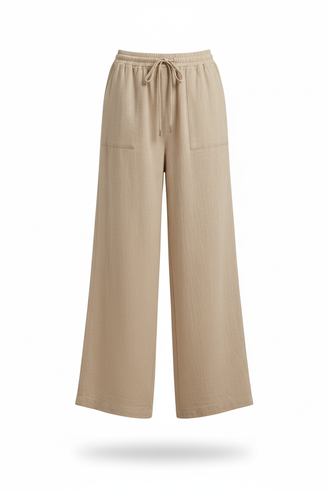 Pantalon En Lin Beige Ample Taille Haute Décontracté Fluide - vue 3