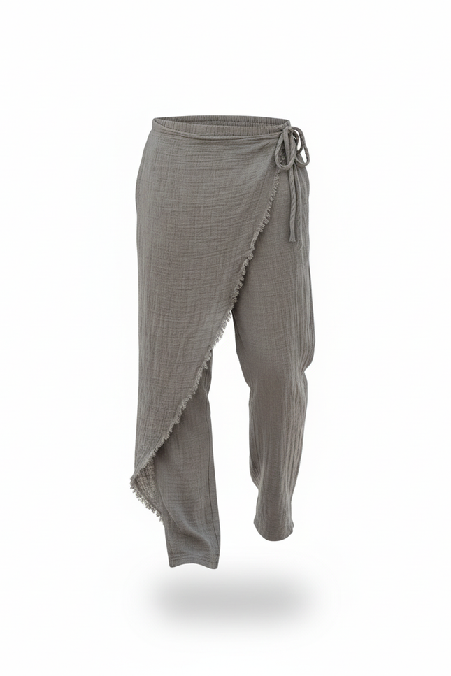 Pantalon En Lin Gris Ample Décontracté Plissé Homme - vue 3