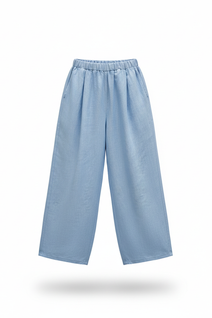 Pantalon En Lin Bleu Ample Fluide Décontracté Fille - vue 3