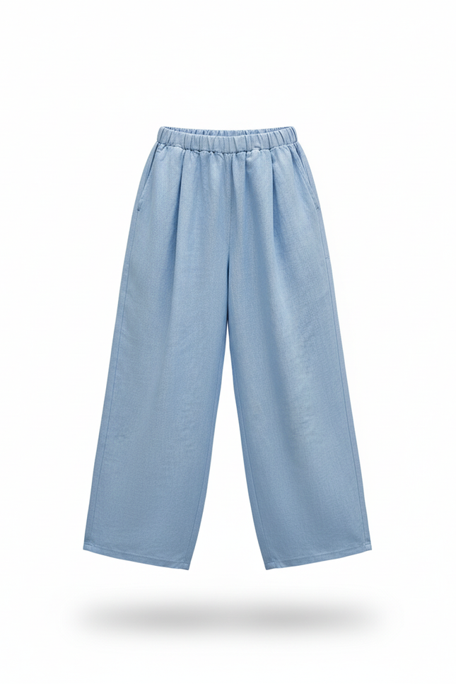 Pantalon En Lin Bleu Ample Fluide Décontracté Fille - vue 3
