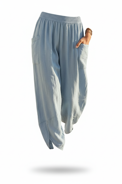 Pantalon En Lin Bleu Ample Décontracté Poches Femme - vue 3