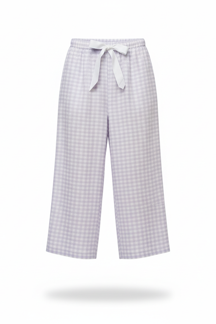 Pantalon En Lin Carreaux Vichy Ample Estival Violet - vue 3