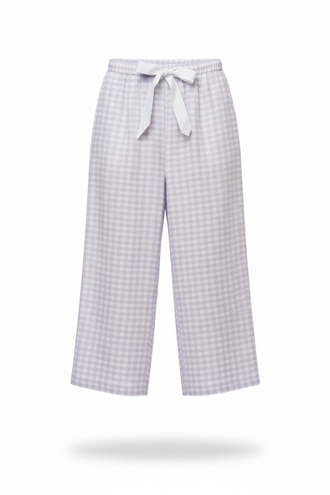 Pantalon En Lin Carreaux Vichy Ample Estival Violet - vue 3