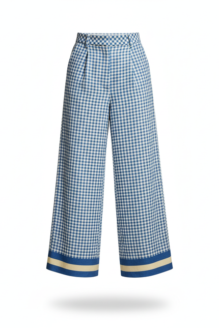 Pantalon En Lin Carreaux Bleu Ample Décontracté Femme - Imprimé - vue 3