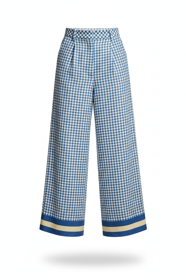 Pantalon En Lin Carreaux Bleu Ample Décontracté Femme - Imprimé - vue 3