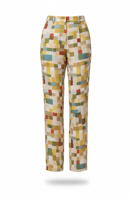 Pantalon En Lin Carreaux Multicolores Ample Estival Femme - vue 3
