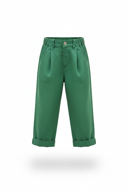 Pantalon En Lin Vert Ample Élastiqué Décontracté Fille - vue 3