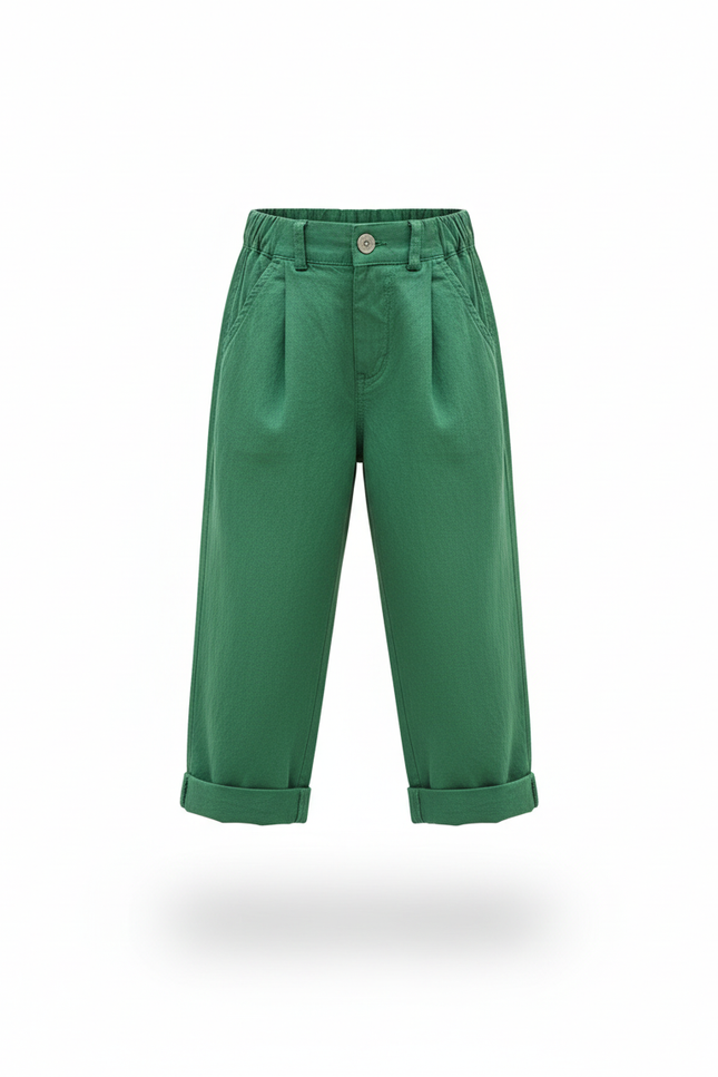 Pantalon En Lin Vert Ample Élastiqué Décontracté Fille - vue 3