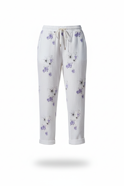 Pantalon En Lin Blanc Imprimé Papillons Ample Femme - vue 3