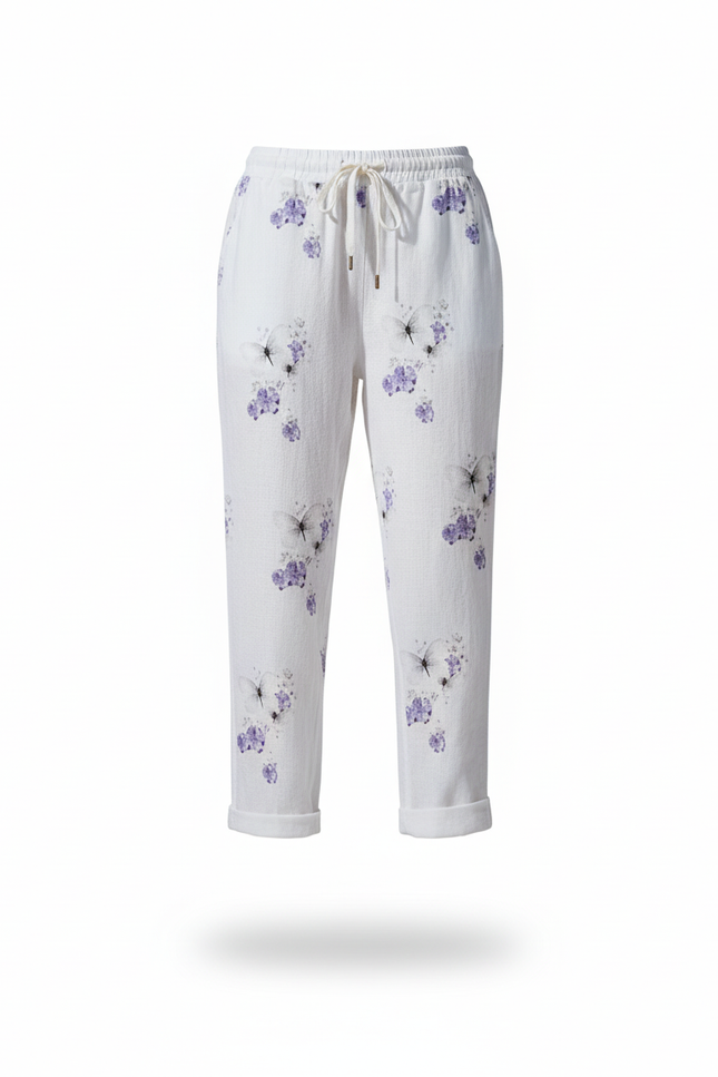 Pantalon En Lin Blanc Imprimé Papillons Ample Femme - vue 3