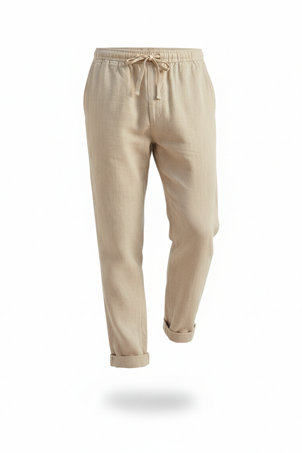 Pantalon En Lin Beige Homme Décontracté Ample Cordon - vue 3
