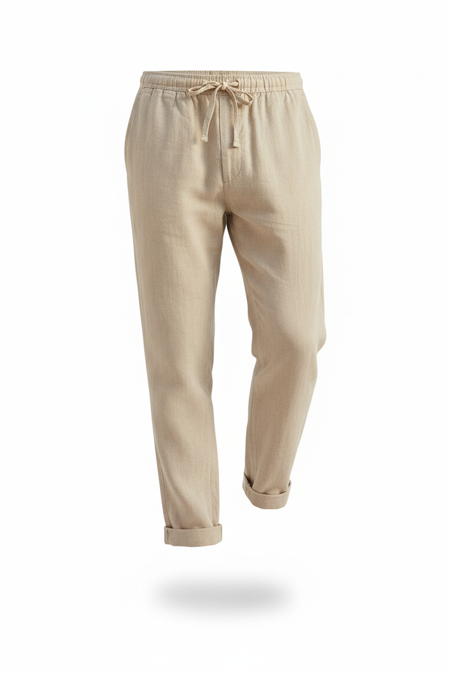Pantalon En Lin Beige Homme Décontracté Ample Cordon - vue 3