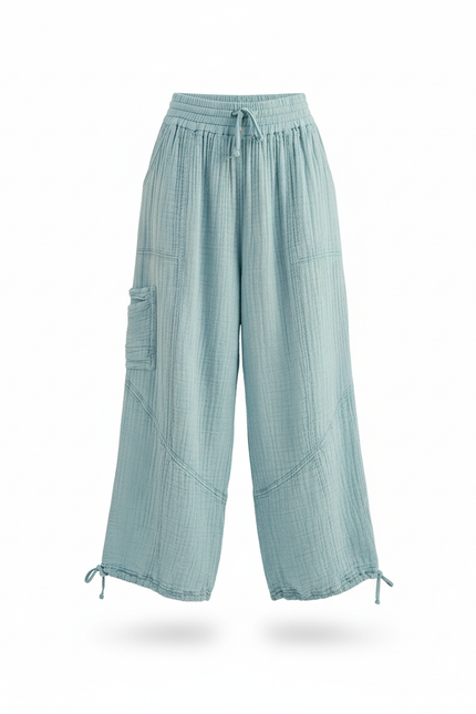 Pantalon En Lin Ample Bleu Ciel Cargo Femme - vue 3