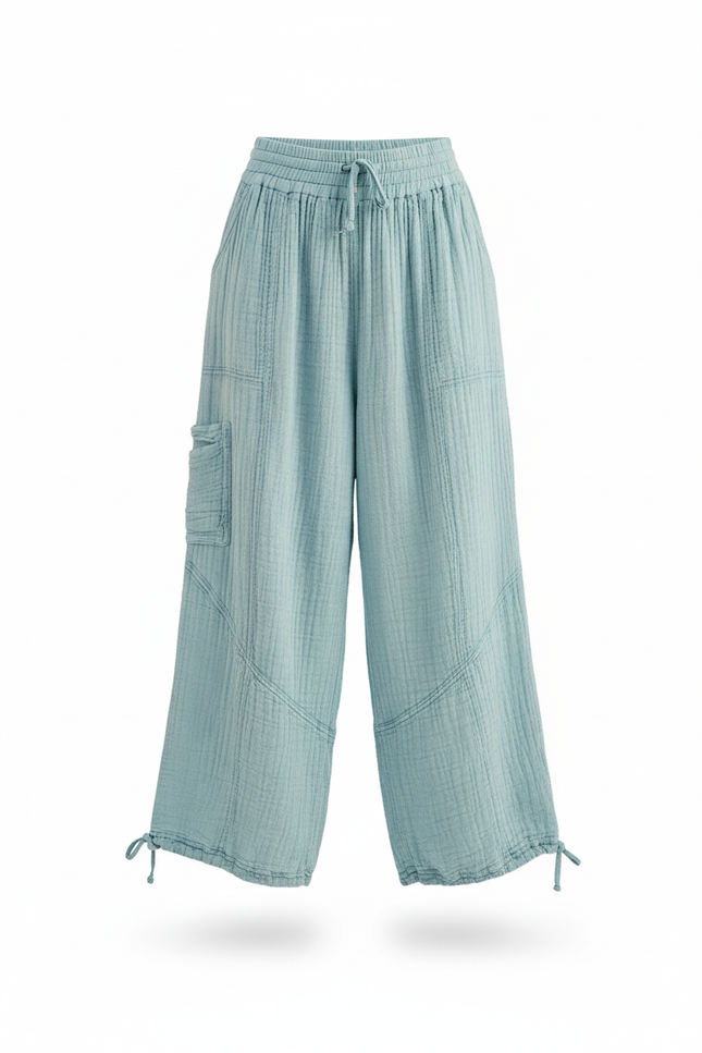 Pantalon En Lin Ample Bleu Ciel Cargo Femme - vue 3