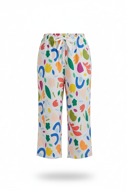 Pantalon En Lin Blanc Imprimé Abstrait Fluide Décontracté - Multicolore - vue 3