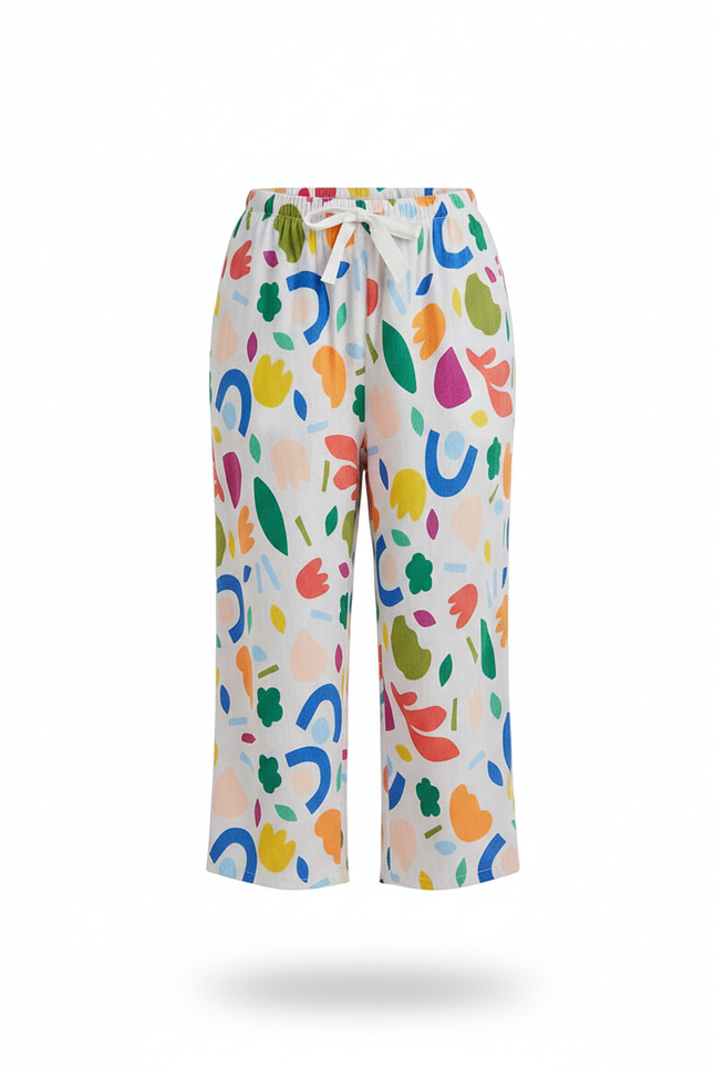 Pantalon En Lin Blanc Imprimé Abstrait Fluide Décontracté - Multicolore - vue 3