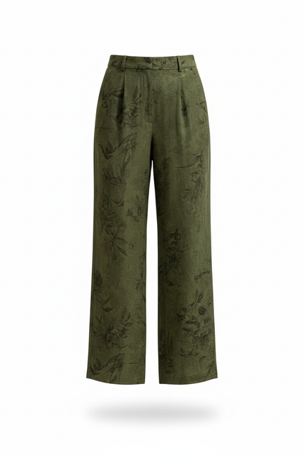 Pantalon En Lin Vert Imprimé Floral Ample Fluide - vue 3