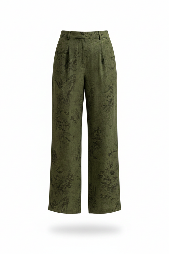 Pantalon En Lin Vert Imprimé Floral Ample Fluide - vue 3