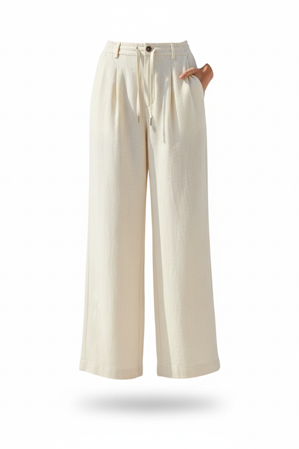 Pantalon En Lin Beige Ample Taille Haute Décontracté - vue 3
