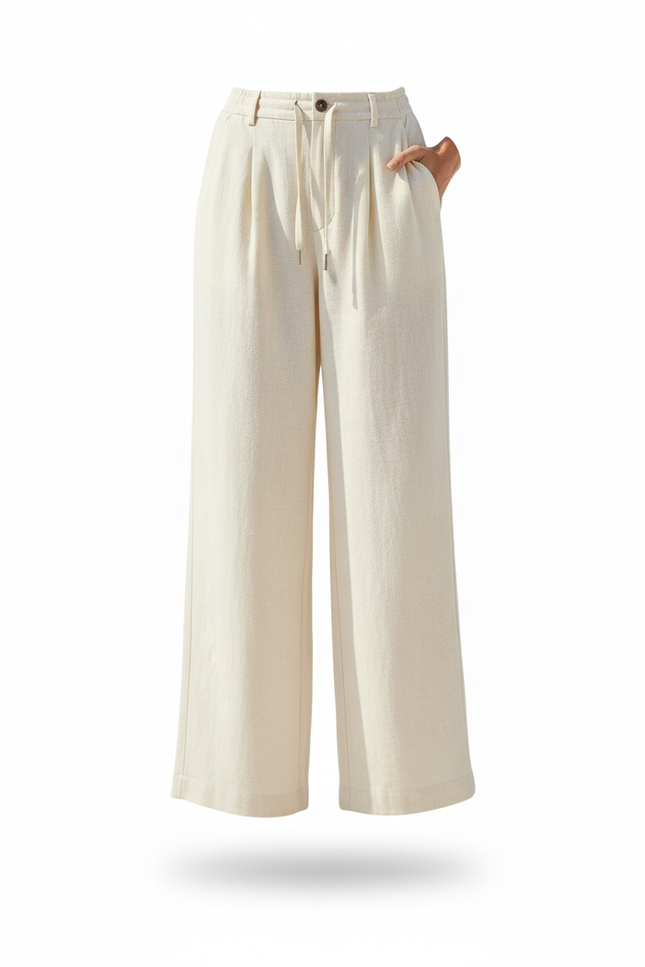 Pantalon En Lin Beige Ample Taille Haute Décontracté - vue 3
