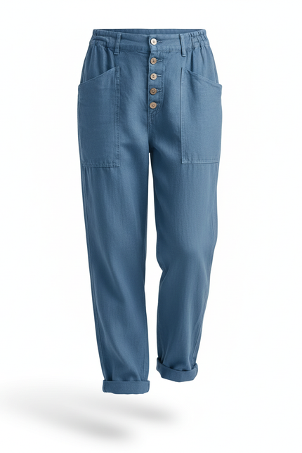 Pantalon En Lin Bleu Ample Décontracté Boutons Poches - vue 3