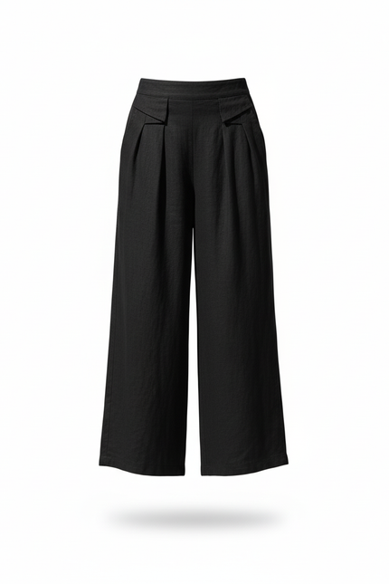 Pantalon En Lin Noir Ample Plissé Confortable Femme - vue 3