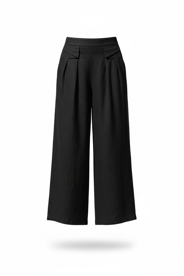Pantalon En Lin Noir Ample Plissé Confortable Femme - vue 3