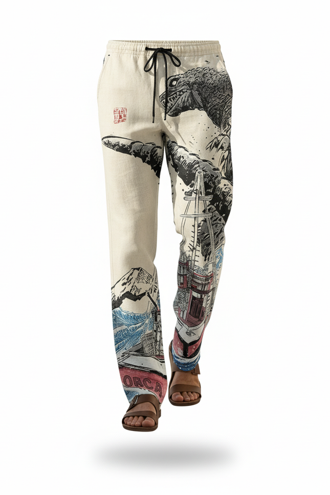 Pantalon En Lin Imprimé Estampes Japonaises Ample Homme - vue 3