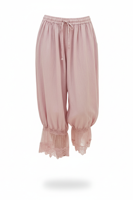 Pantalon En Lin Rose Ample Dentelle Cordon Femme - vue 3