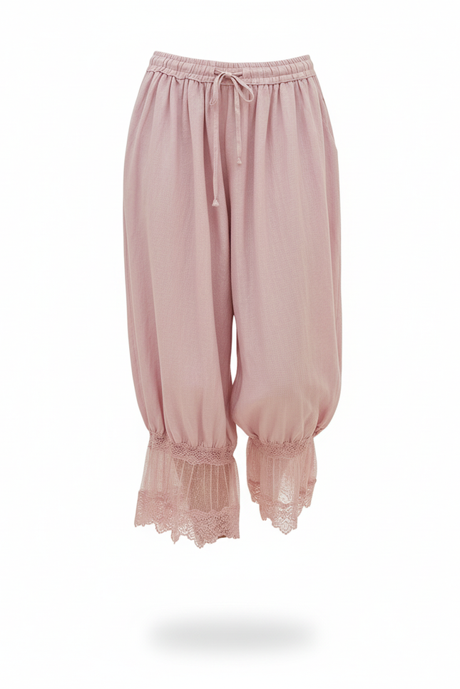 Pantalon En Lin Rose Ample Dentelle Cordon Femme - vue 3