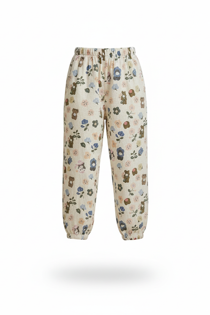 Pantalon En Lin Écru Imprimé Oursons Fleuri Ample - vue 3