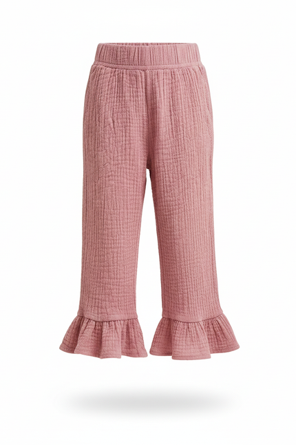 Pantalon En Lin Rose Plissé Volants Ample Fille - vue 3